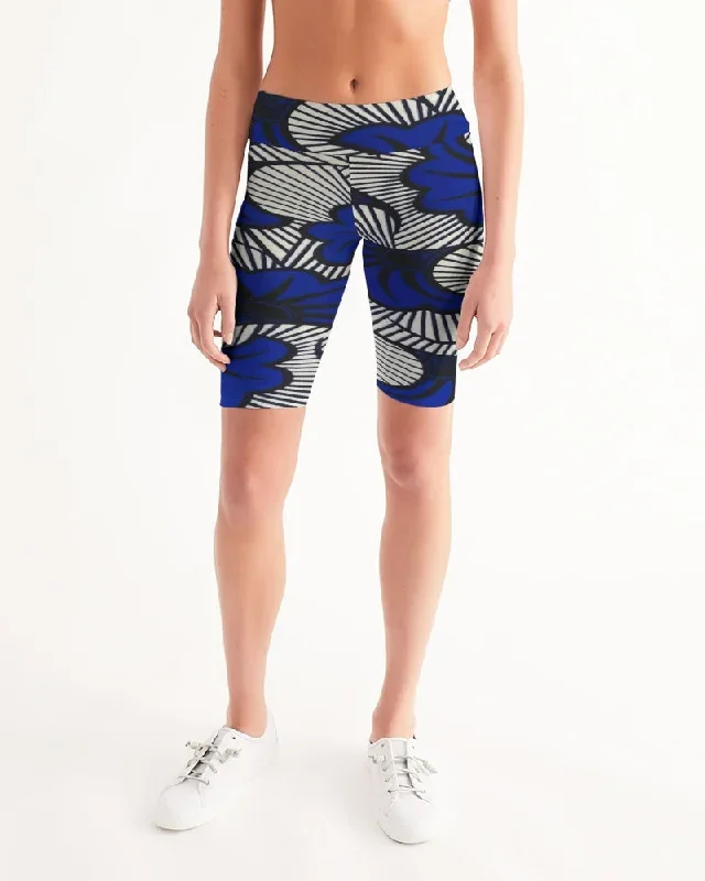 AKH African Fleurs Bleues Women's Mid-Rise Bike Shorts