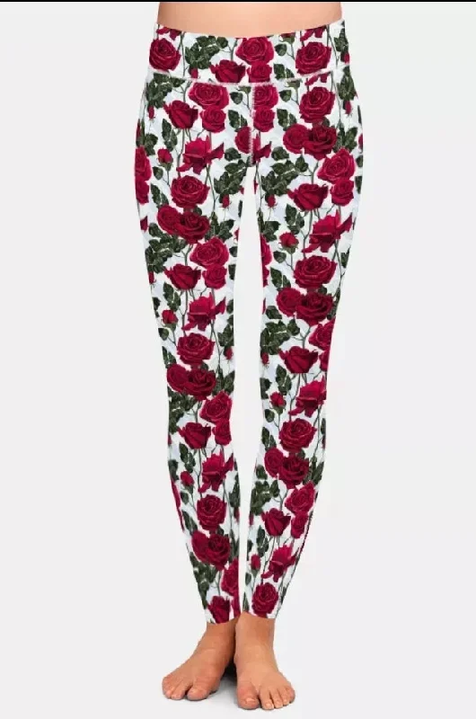 Ladies Beautiful Red Rose Flowers Printed Leggings