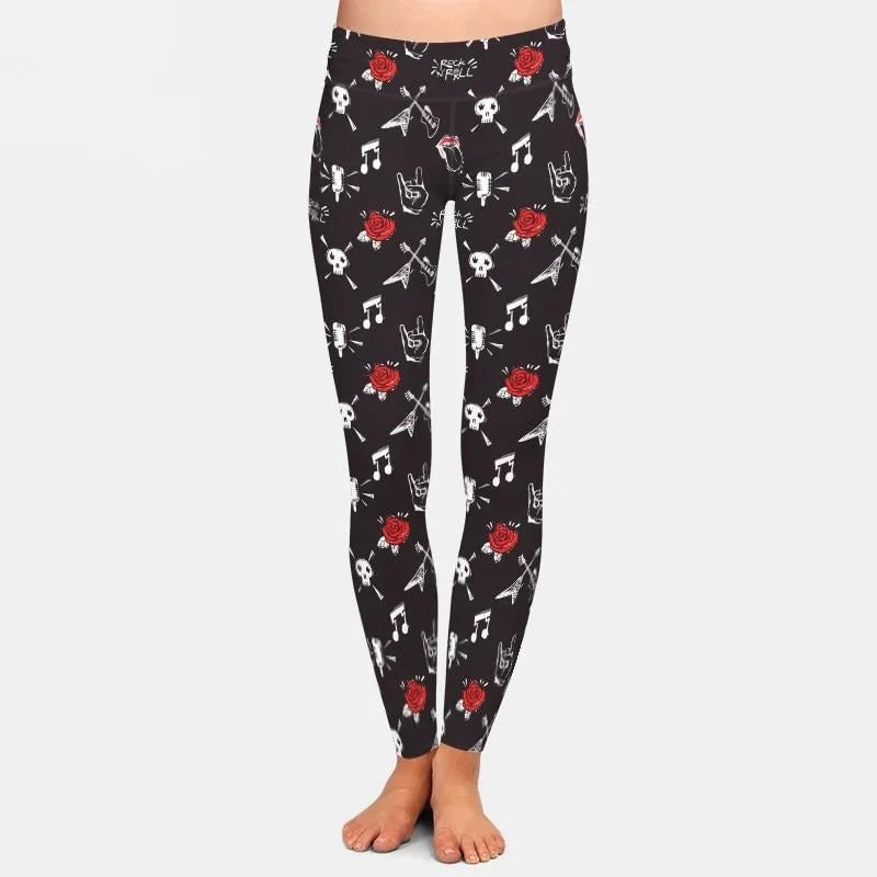 Ladies Goth, Roses & Rock Signs/Music Printed Leggings