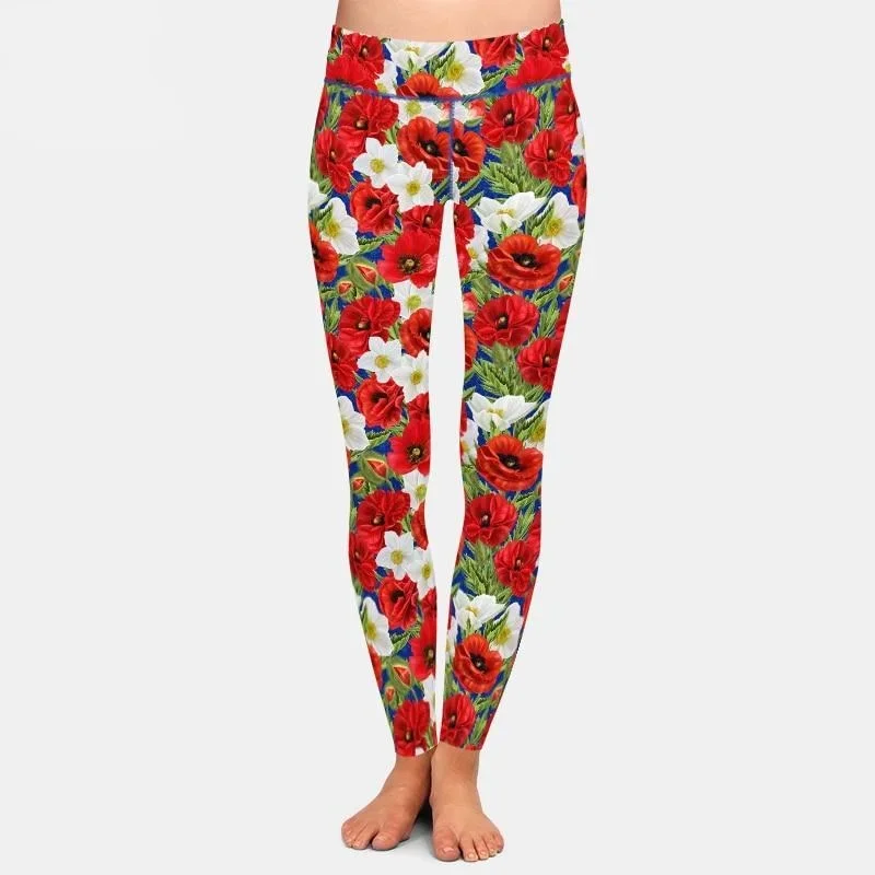 Ladies New 3D Poppies & Flowers Printed Leggings