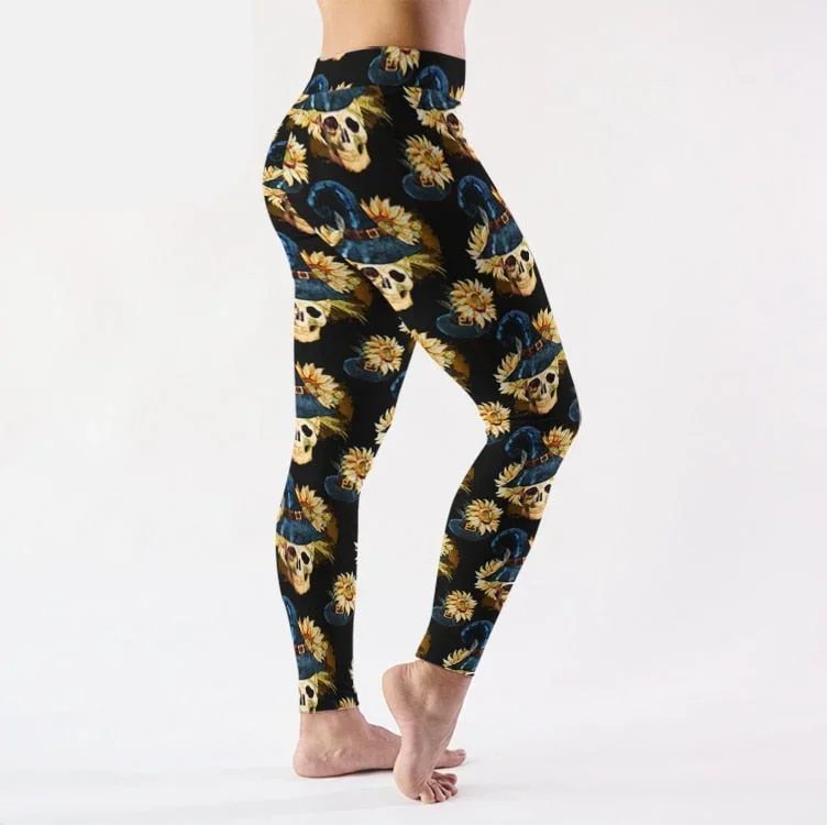 Ladies Witches Hats On Skulls & Sunflowers Digital Printed Leggings