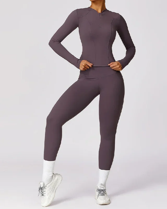 Long Sleeve Zipper Top Fitness Sports Yoga Two-piece Pants Sets S-XL