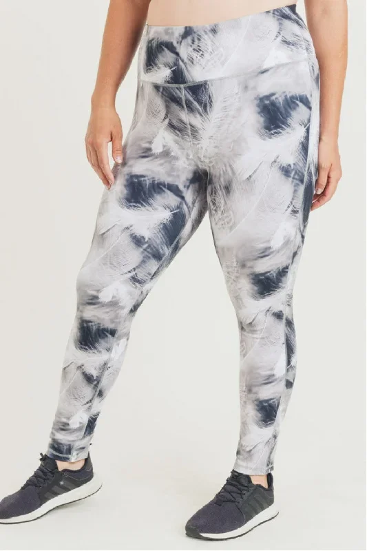 Mono B White Feather Print Highwaist Leggings APH2922 and Plus