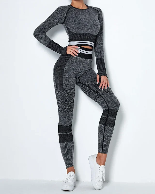 Seamless Knitted Quick-drying Sports Yoga Long-sleeved Two-piece Striped Fitness Yoga Pants Suit XS-L