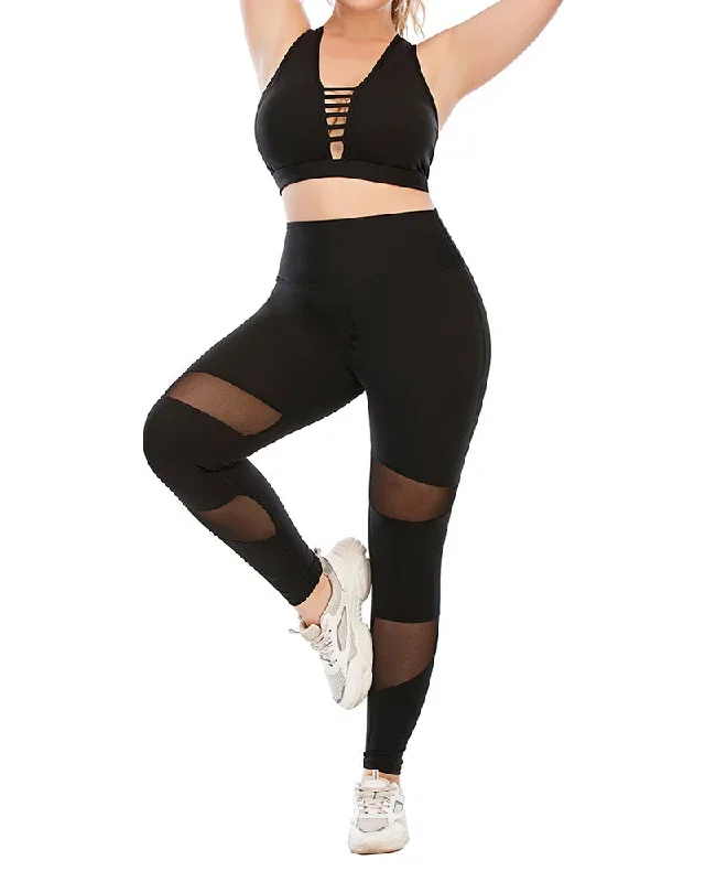 Wholesale Women Hollow Out Sports Bra Patchwork Compression Leggings Plus Size Yoga L-3XL