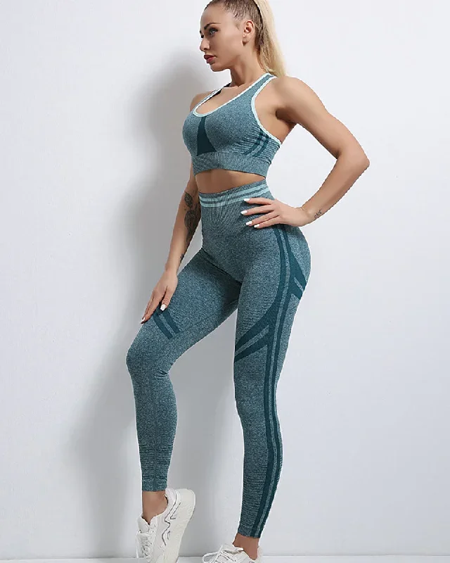 Woman Seamless Knitted Beauty Back High Waist Peach Hip Sports Running Two-Piece Yoga Suit S-L