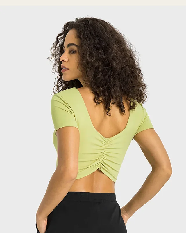 Women Back Ruched O-neck Short Sleeve Crop Top Sports T-shirt(with bra Pad) 4-12