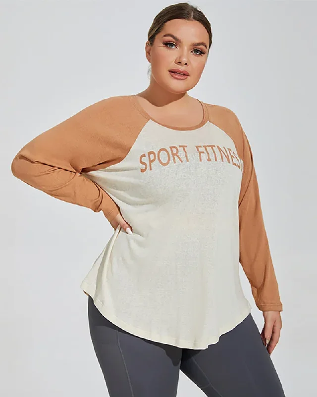 Women Long Sleeve Colorblock Sport Fitness Plus Size Yoga Top Black Coffee Blue XL-4XL