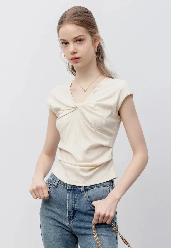 Women's Casual Short Sleeve Round Neck Top with Elegant Front Knot Detail